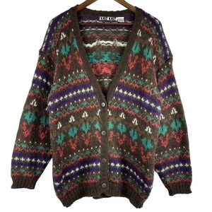 Vintage Knit Cardigan Sweater Womens Medium Brown Mohair Acrylic Aztec Coogi 90s